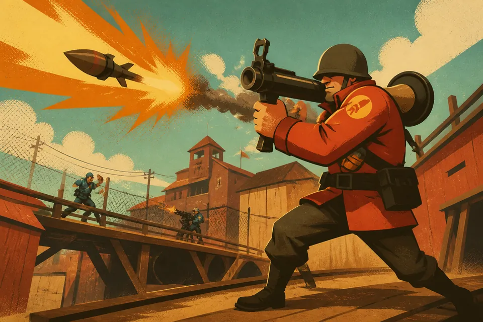 Солдат из Team Fortress 2 стреляет из ракетницы